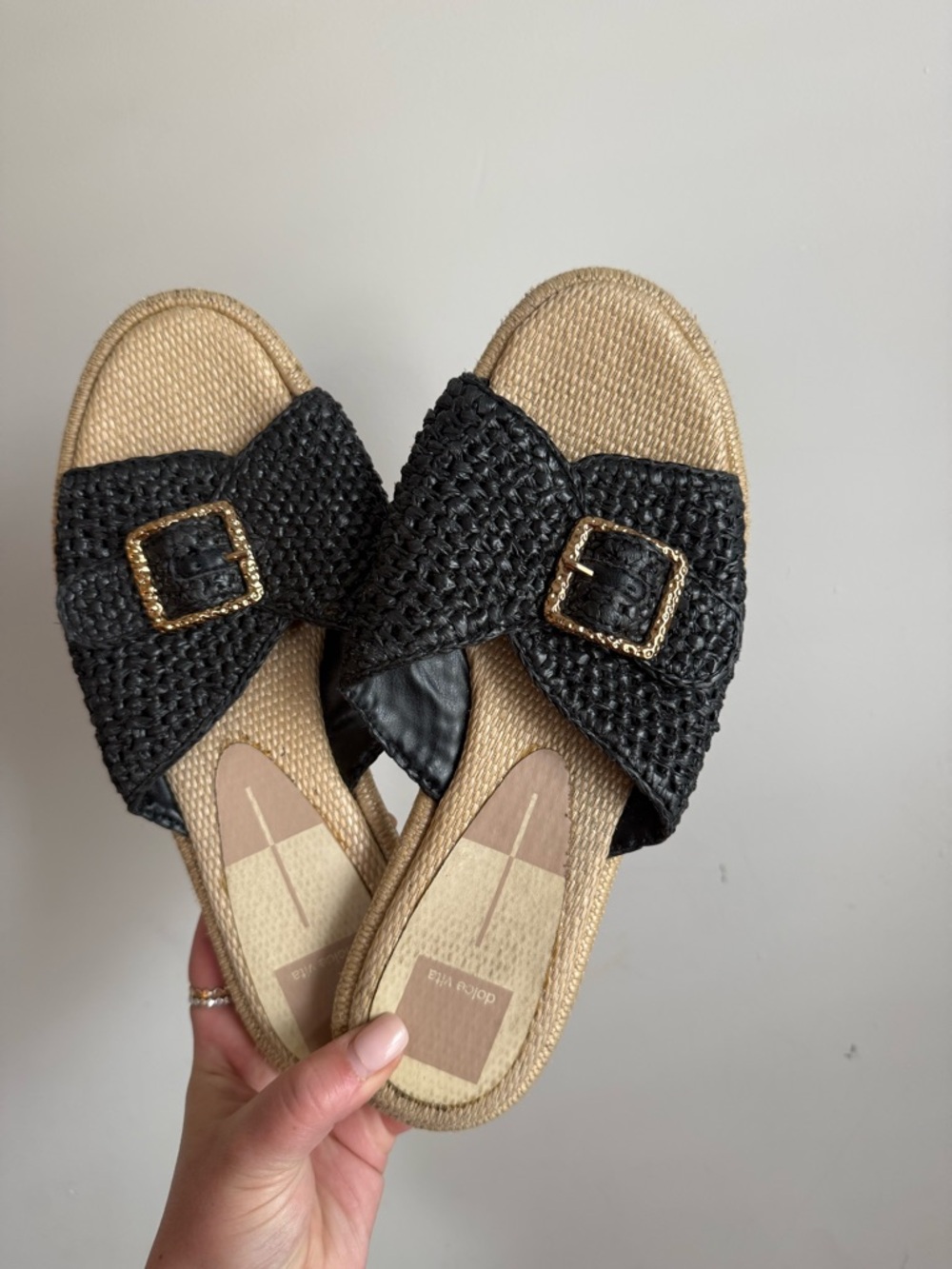 Dolce Vita Black Woven Slide Sandals with Gold Buckles
